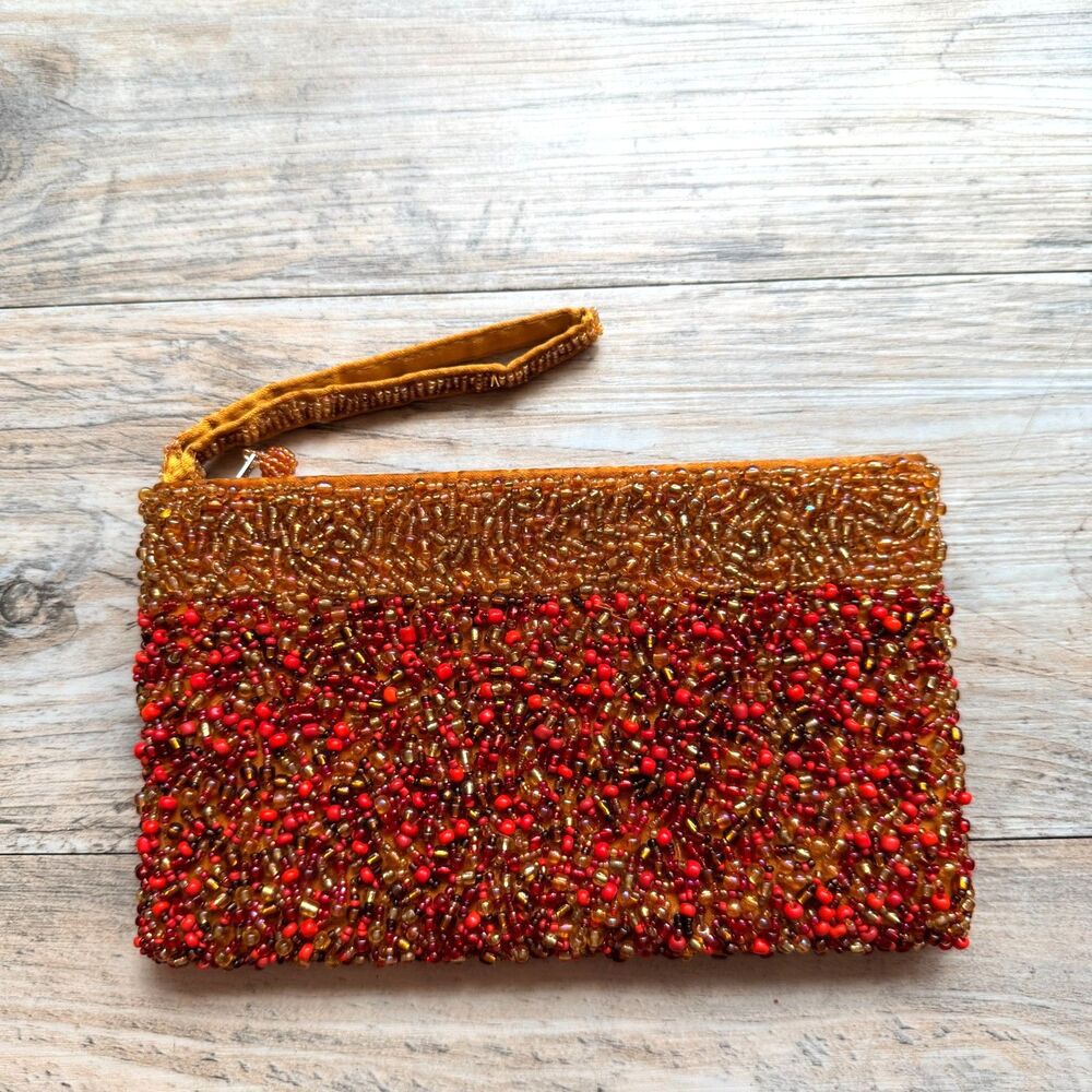 Vintage Hand Beaded Wristlet Clutch Amber Red Evening Bag Boho 50s Glam